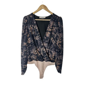 Amanda Uprichard Floral Bodysuit Blouse Size Medium Black & Nude Faux Wrap